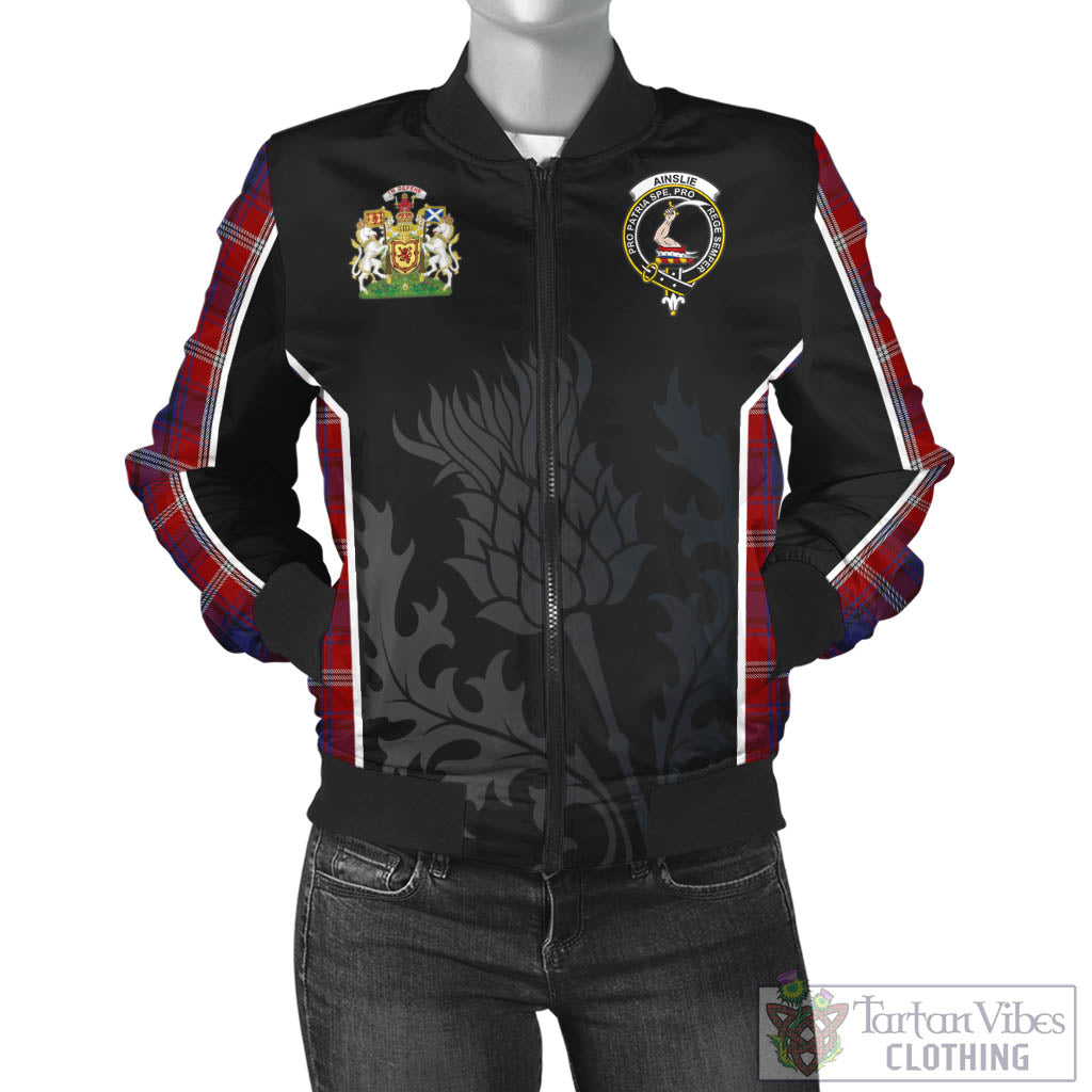 Tartan Vibes Clothing Ainslie Tartan Bomber Jacket with Family Crest and Scottish Thistle Vibes Sport Style