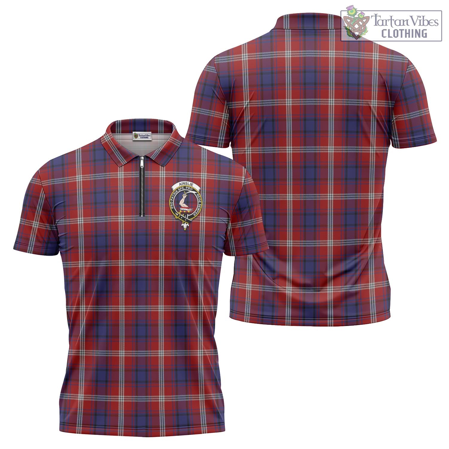 Tartan Vibes Clothing Ainslie Tartan Zipper Polo Shirt with Family Crest