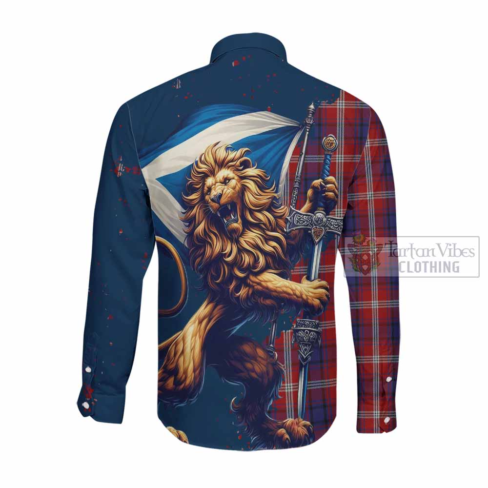 Tartan Vibes Clothing Ainslie Tartan Family Crest Long Sleeve Button Shirt with Scottish Majestic Lion