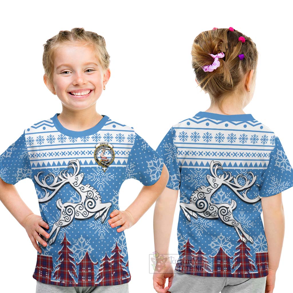 Tartan Vibes Clothing Ainslie Clan Christmas Kid T-Shirt Celtic Reindeer Style