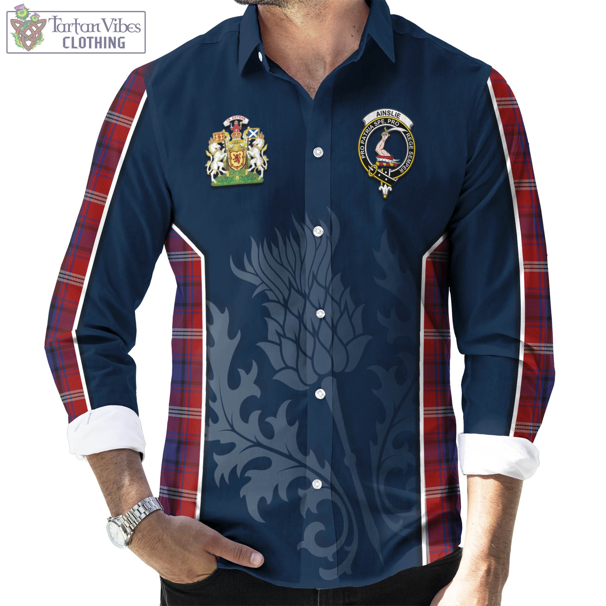 Tartan Vibes Clothing Ainslie Tartan Long Sleeve Button Up Shirt with Family Crest and Scottish Thistle Vibes Sport Style