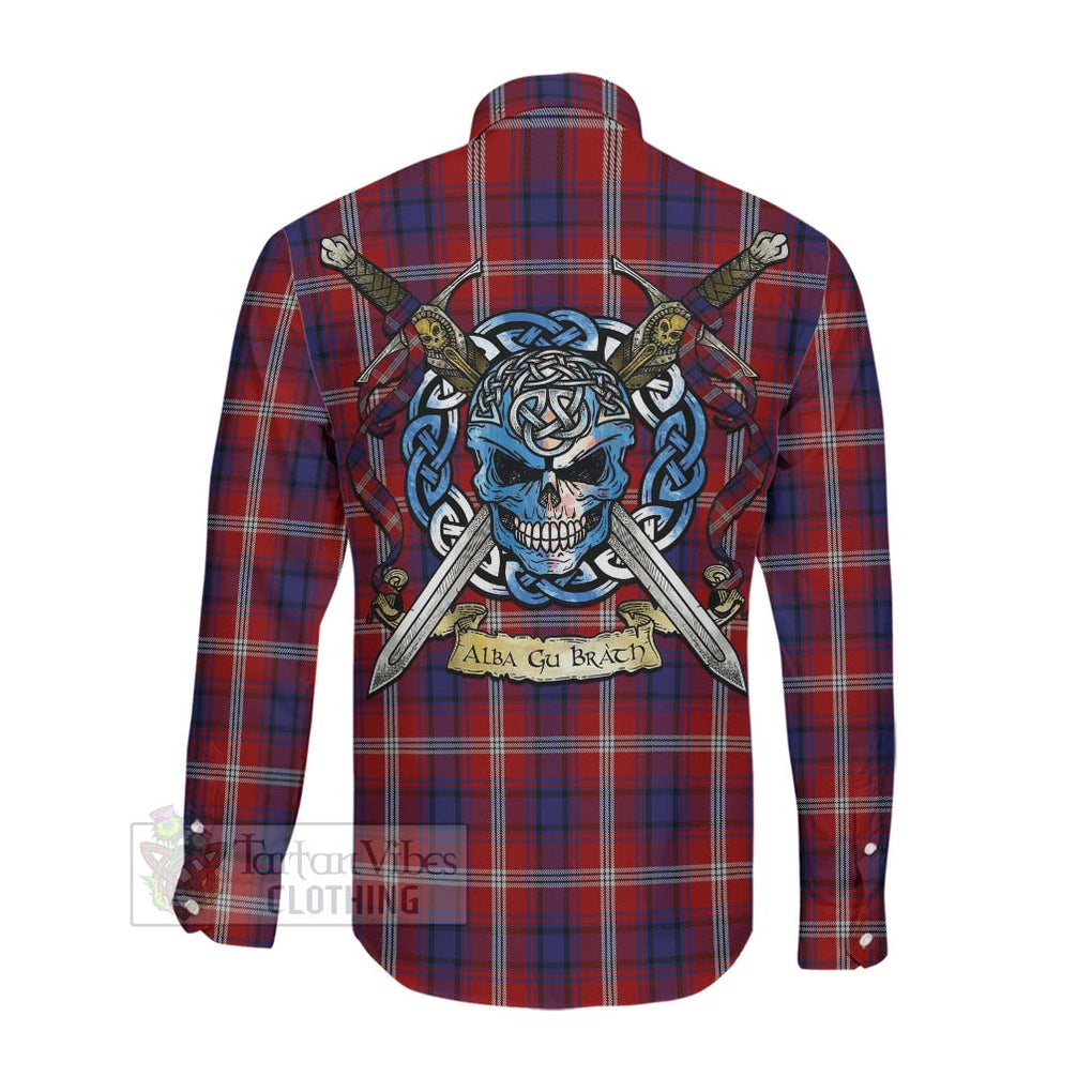 Tartan Vibes Clothing Ainslie Tartan Long Sleeve Button Shirt with Family Crest Celtic Skull Style