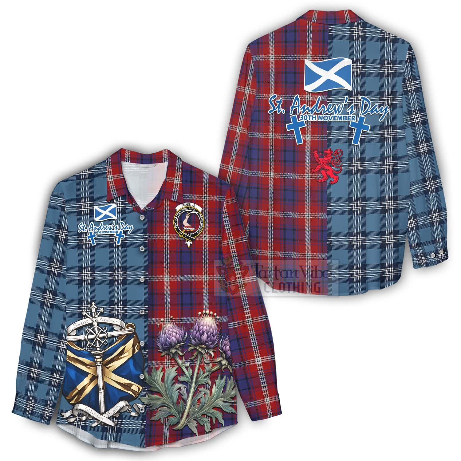 Tartan Vibes Clothing Ainslie Tartan Women's Casual Shirt Happy St. Andrew's Day Half Tartan Style