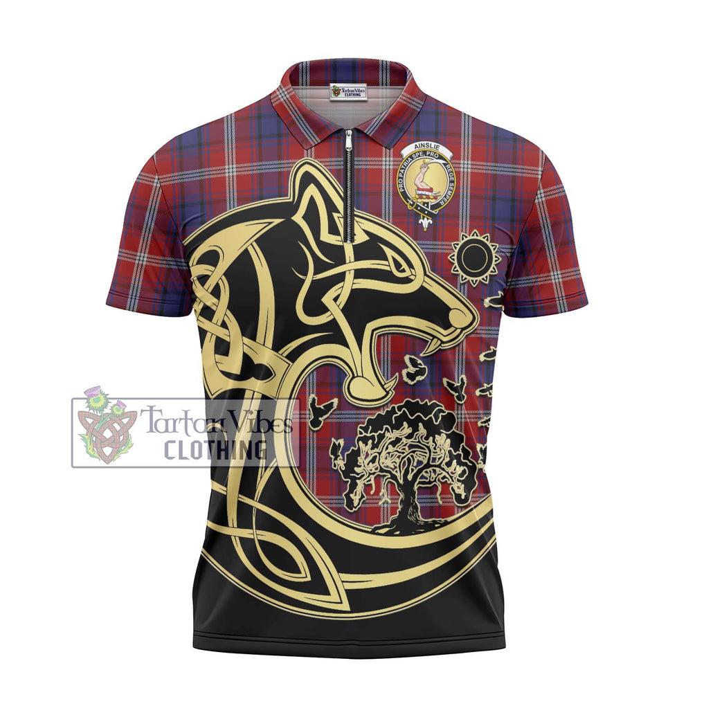 Ainslie Tartan Zipper Polo Shirt with Family Crest Celtic Wolf Style - Tartanvibesclothing Shop