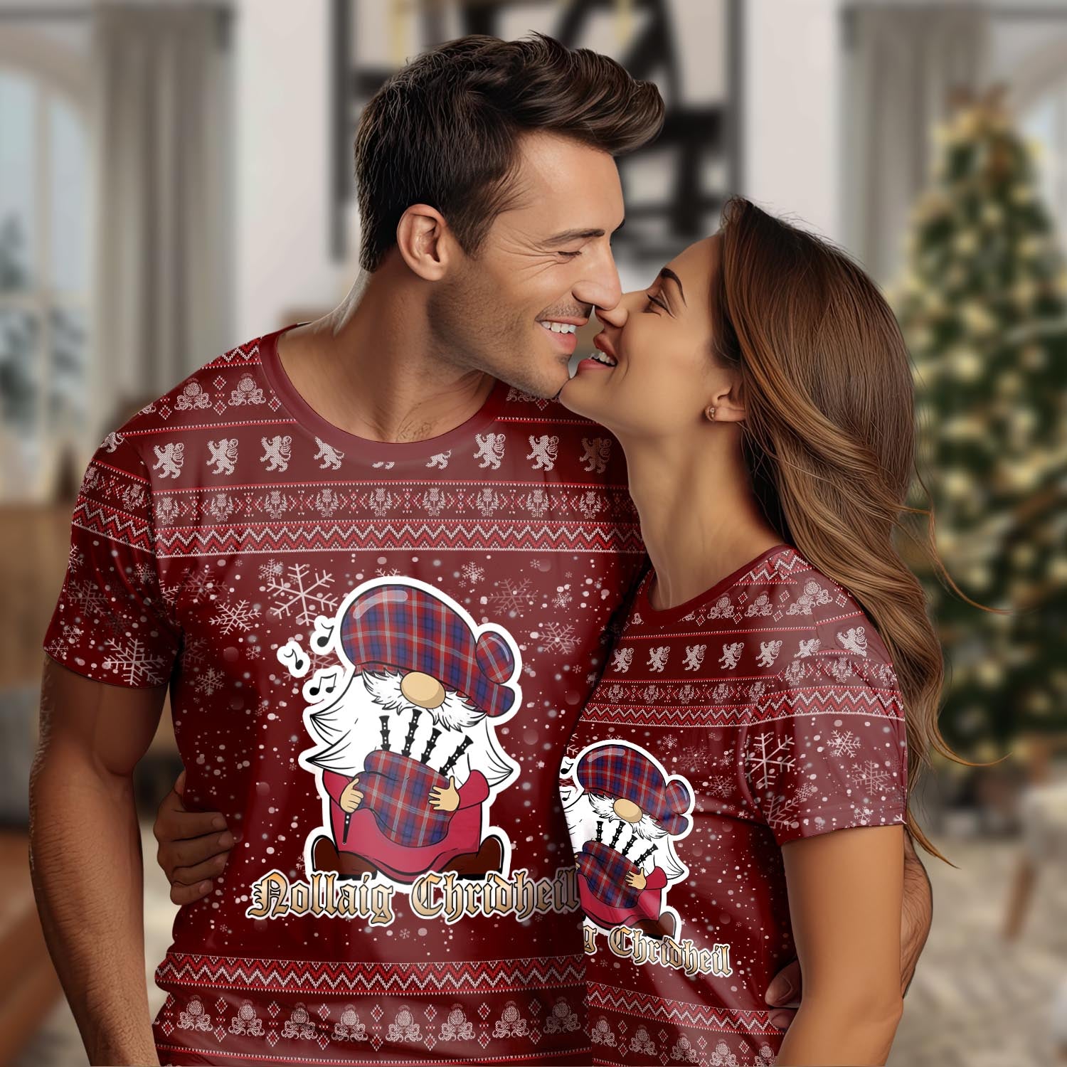 Ainslie Clan Christmas Family T-Shirt with Funny Gnome Playing Bagpipes Women's Shirt Red - Tartanvibesclothing