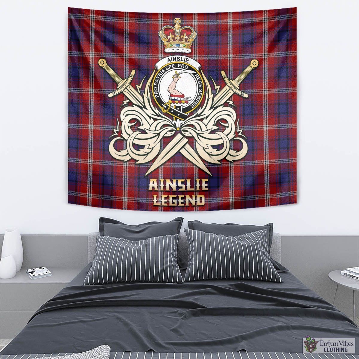 Tartan Vibes Clothing Ainslie Tartan Tapestry with Clan Crest and the Golden Sword of Courageous Legacy