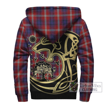 Ainslie Tartan Sherpa Hoodie with Family Crest Celtic Wolf Style