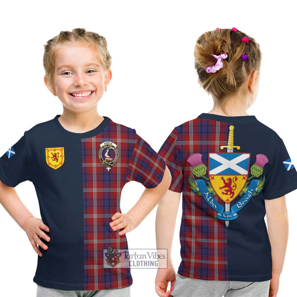 Tartan Vibes Clothing Ainslie Tartan Kid T-Shirt with Scottish Lion Royal Arm Half Style