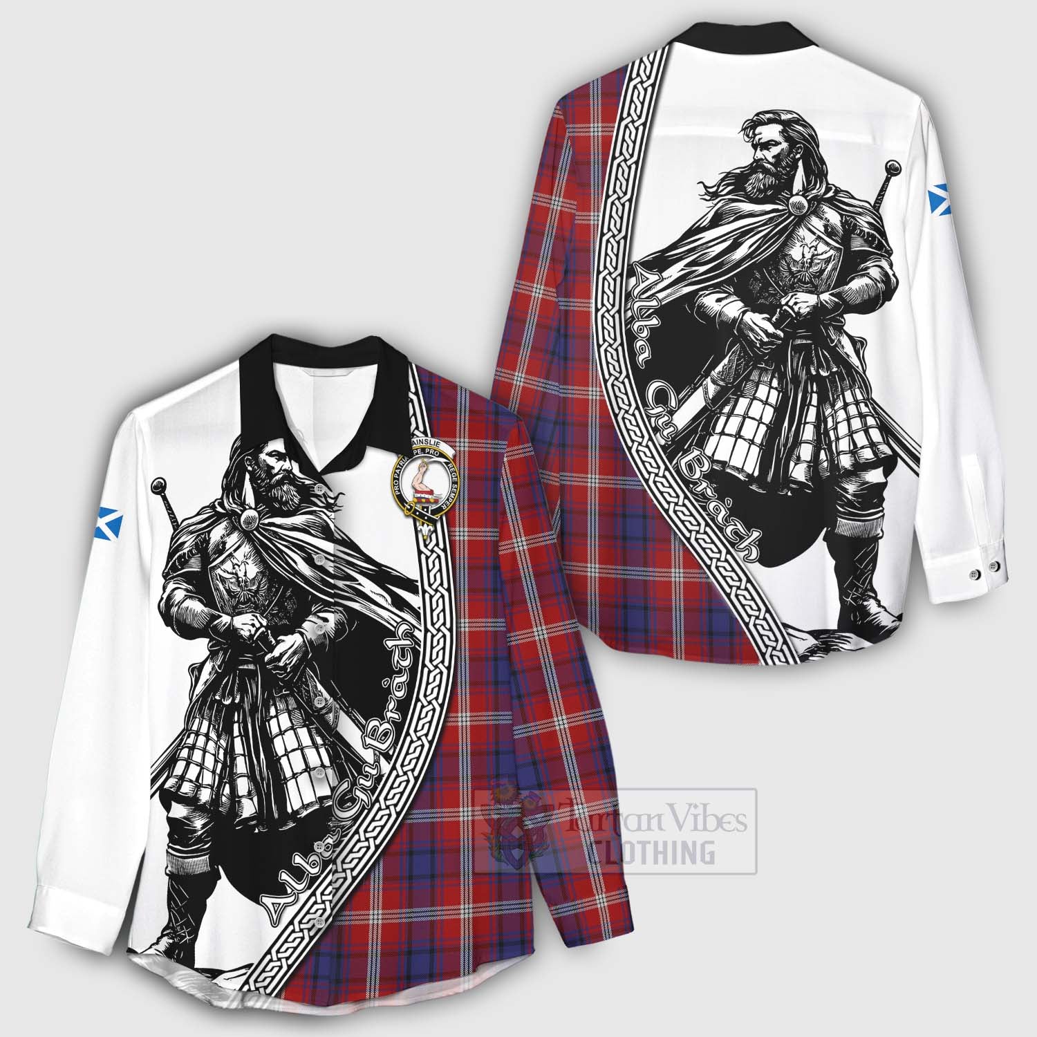 Tartan Vibes Clothing Ainslie Tartan Clan Crest Women's Casual Shirt with Highlander Warrior Celtic Style