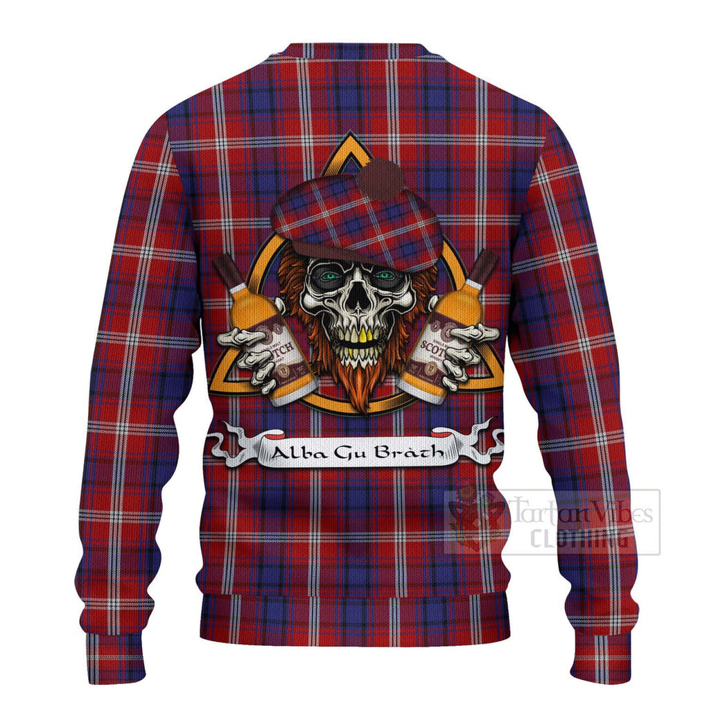 Tartan Vibes Clothing Ainslie Tartan Knitted Sweater with Family Crest and Bearded Skull Holding Bottles of Whiskey