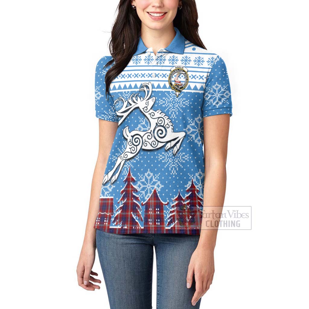 Tartan Vibes Clothing Ainslie Clan Christmas Women's Polo Shirt Celtic Reindeer Style