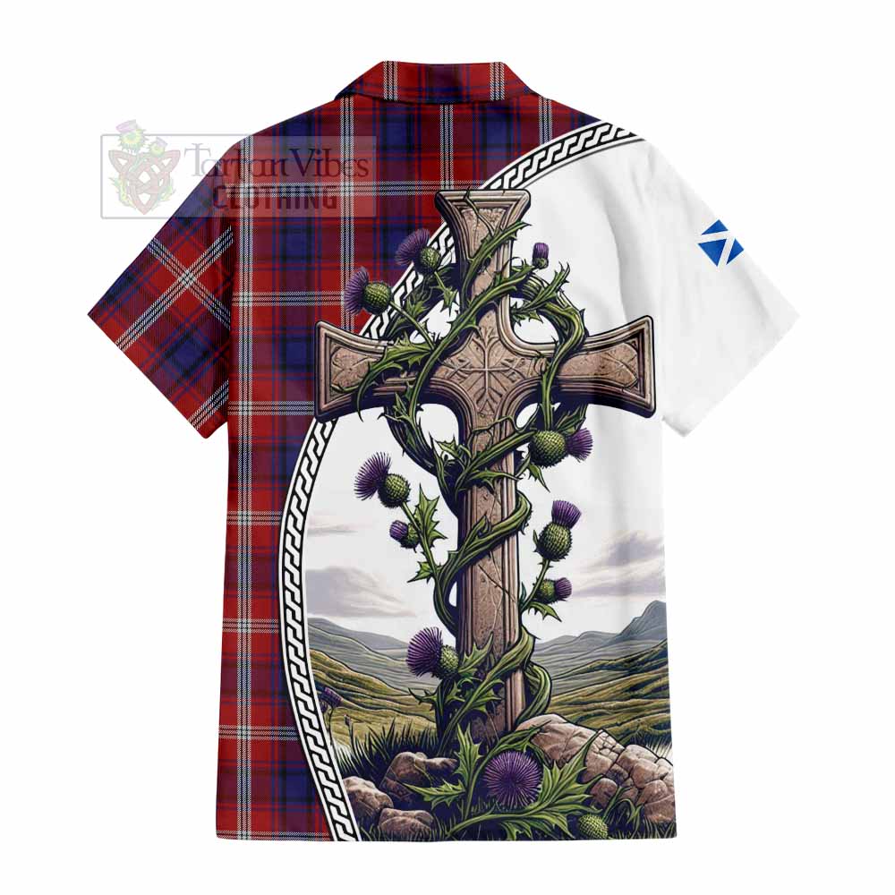 Tartan Vibes Clothing Ainslie Tartan Short Sleeve Button Shirt with Family Crest and St. Andrew's Cross Accented by Thistle Vines