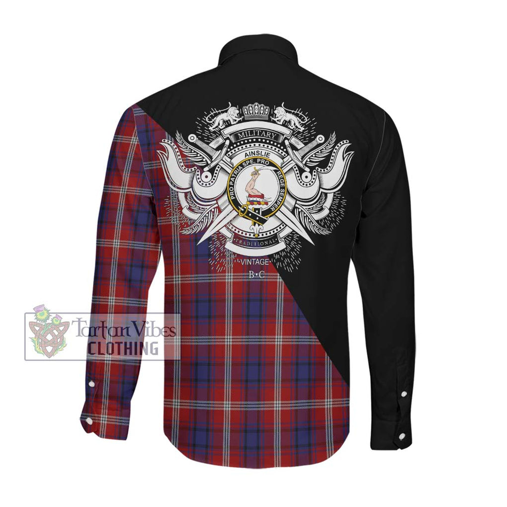 Ainslie Tartan Long Sleeve Button Shirt with Family Crest and Military Logo Style Men's Shirt - Tartanvibesclothing Shop