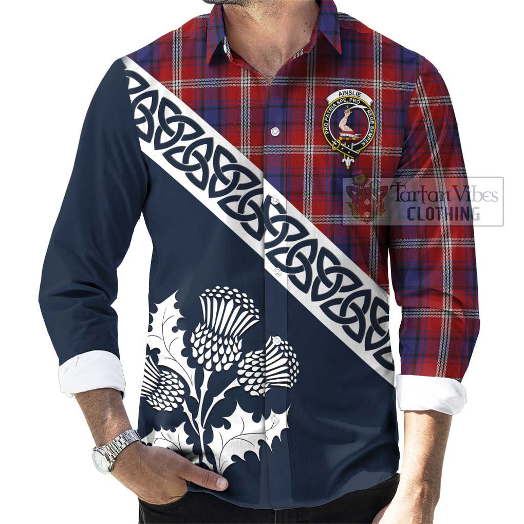 Tartan Vibes Clothing Ainslie Tartan Long Sleeve Button Shirt Featuring Thistle and Scotland Map