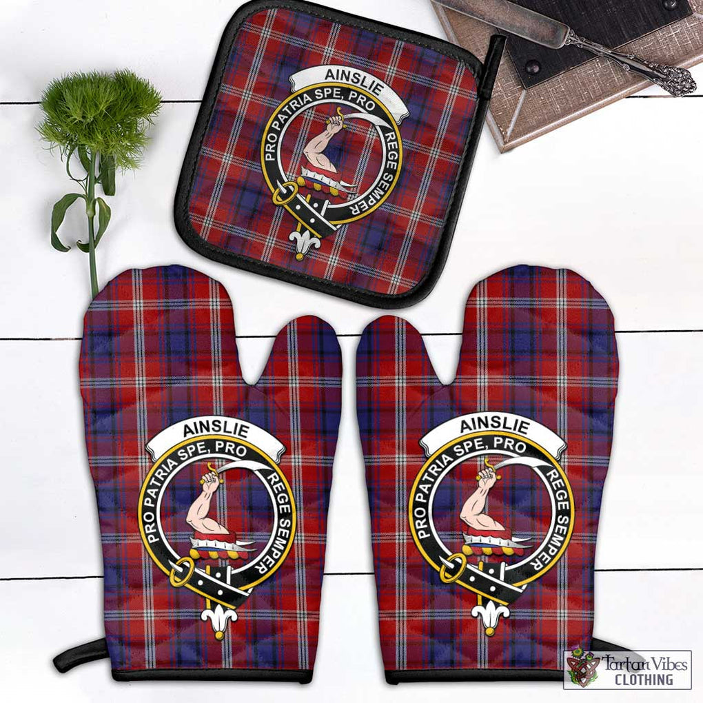 Ainslie Tartan Combo Oven Mitt & Pot-Holder with Family Crest Combo 1 Oven Mitt & 1 Pot-Holder Black - Tartan Vibes Clothing