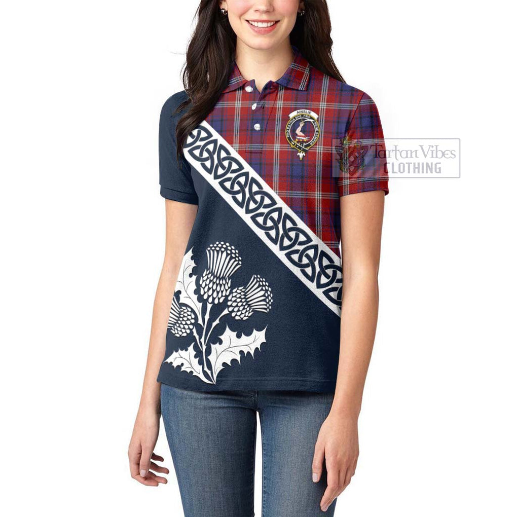 Tartan Vibes Clothing Ainslie Tartan Women's Polo Shirt Featuring Thistle and Scotland Map