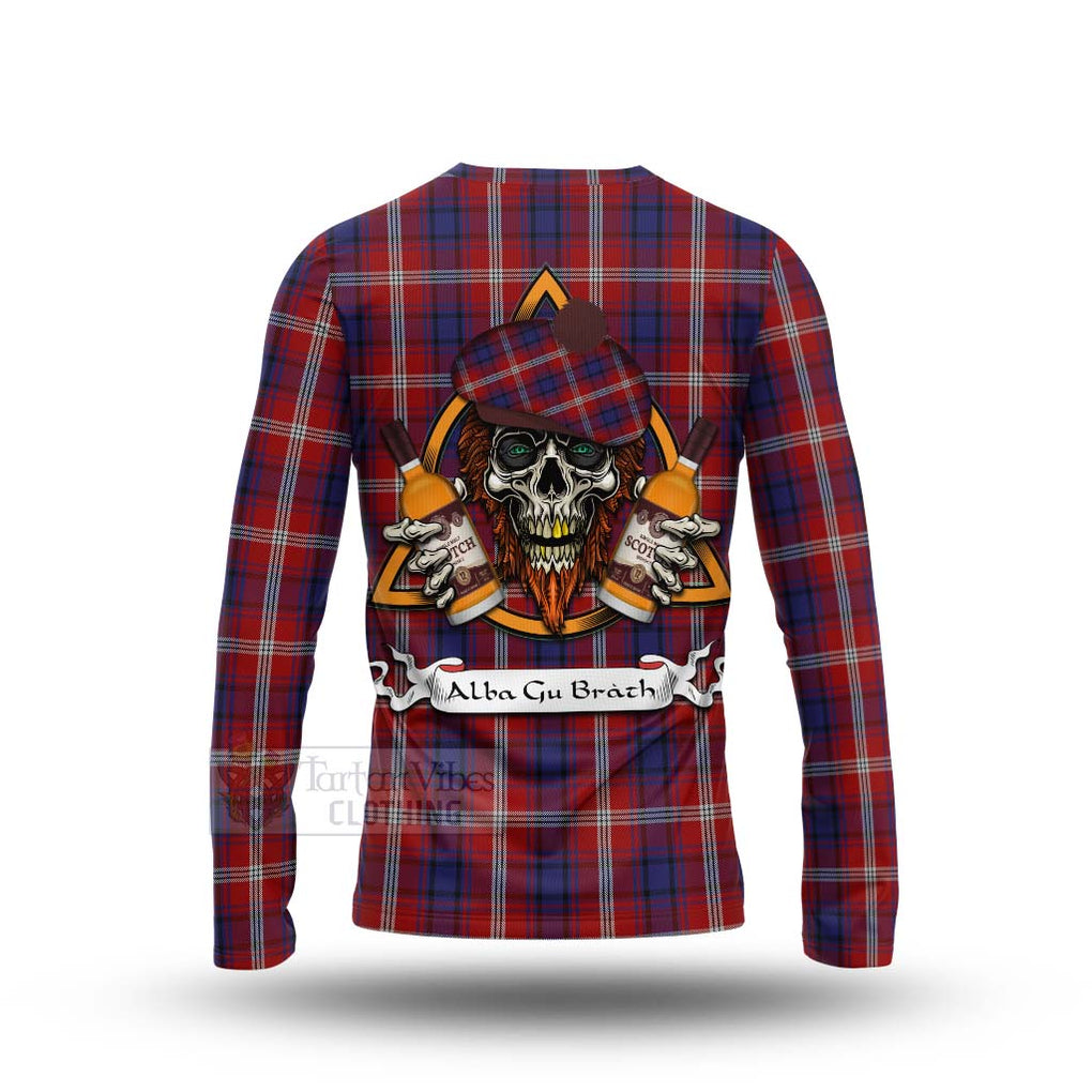 Tartan Vibes Clothing Ainslie Tartan Long Sleeve T-Shirt with Family Crest and Bearded Skull Holding Bottles of Whiskey