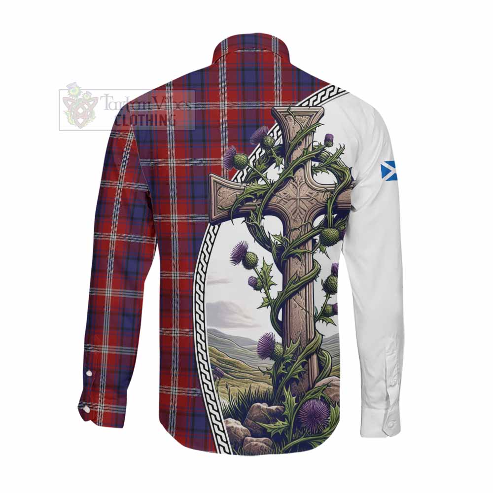 Tartan Vibes Clothing Ainslie Tartan Long Sleeve Button Shirt with Family Crest and St. Andrew's Cross Accented by Thistle Vines