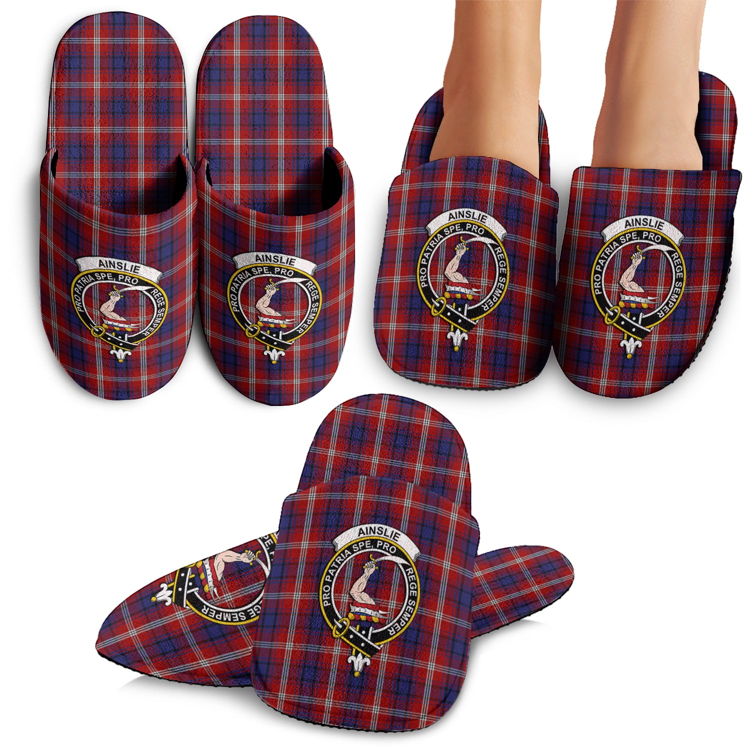 Ainslie Tartan Home Slippers with Family Crest - Tartanvibesclothing