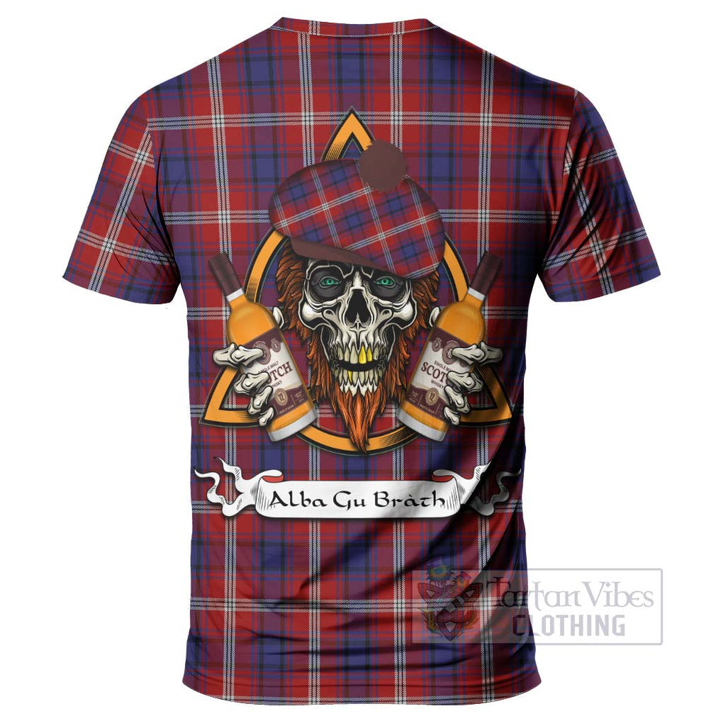 Tartan Vibes Clothing Ainslie Tartan T-Shirt with Family Crest and Bearded Skull Holding Bottles of Whiskey