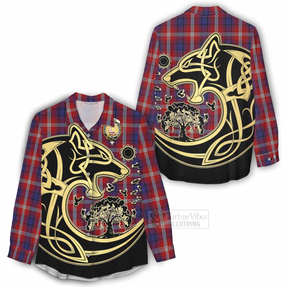 Tartan Vibes Clothing Ainslie Tartan Women's Casual Shirt with Family Crest Celtic Wolf Style