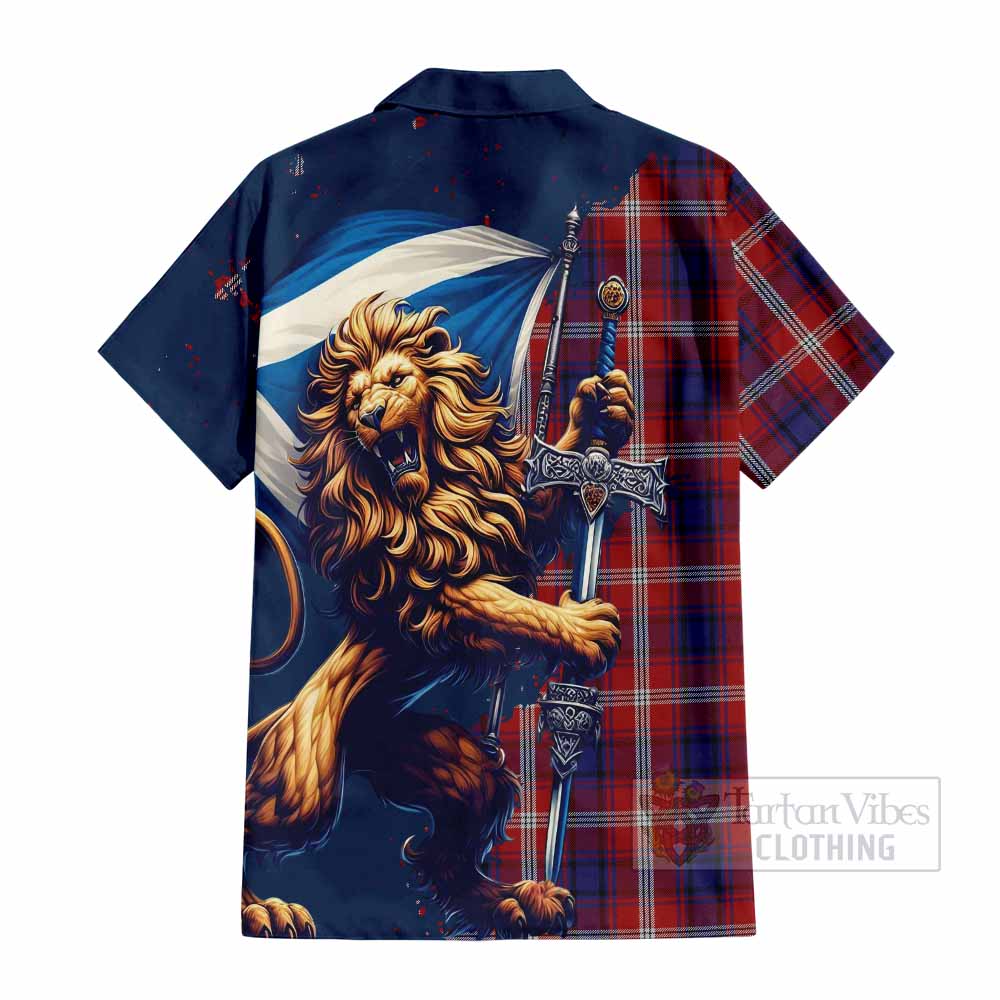 Tartan Vibes Clothing Ainslie Tartan Family Crest Short Sleeve Button Shirt with Scottish Majestic Lion