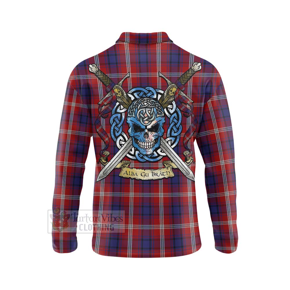 Tartan Vibes Clothing Ainslie Tartan Long Sleeve Polo Shirt with Family Crest Celtic Skull Style