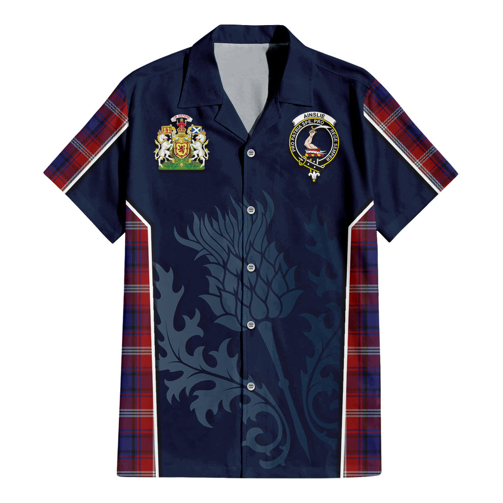 Tartan Vibes Clothing Ainslie Tartan Short Sleeve Button Up Shirt with Family Crest and Scottish Thistle Vibes Sport Style