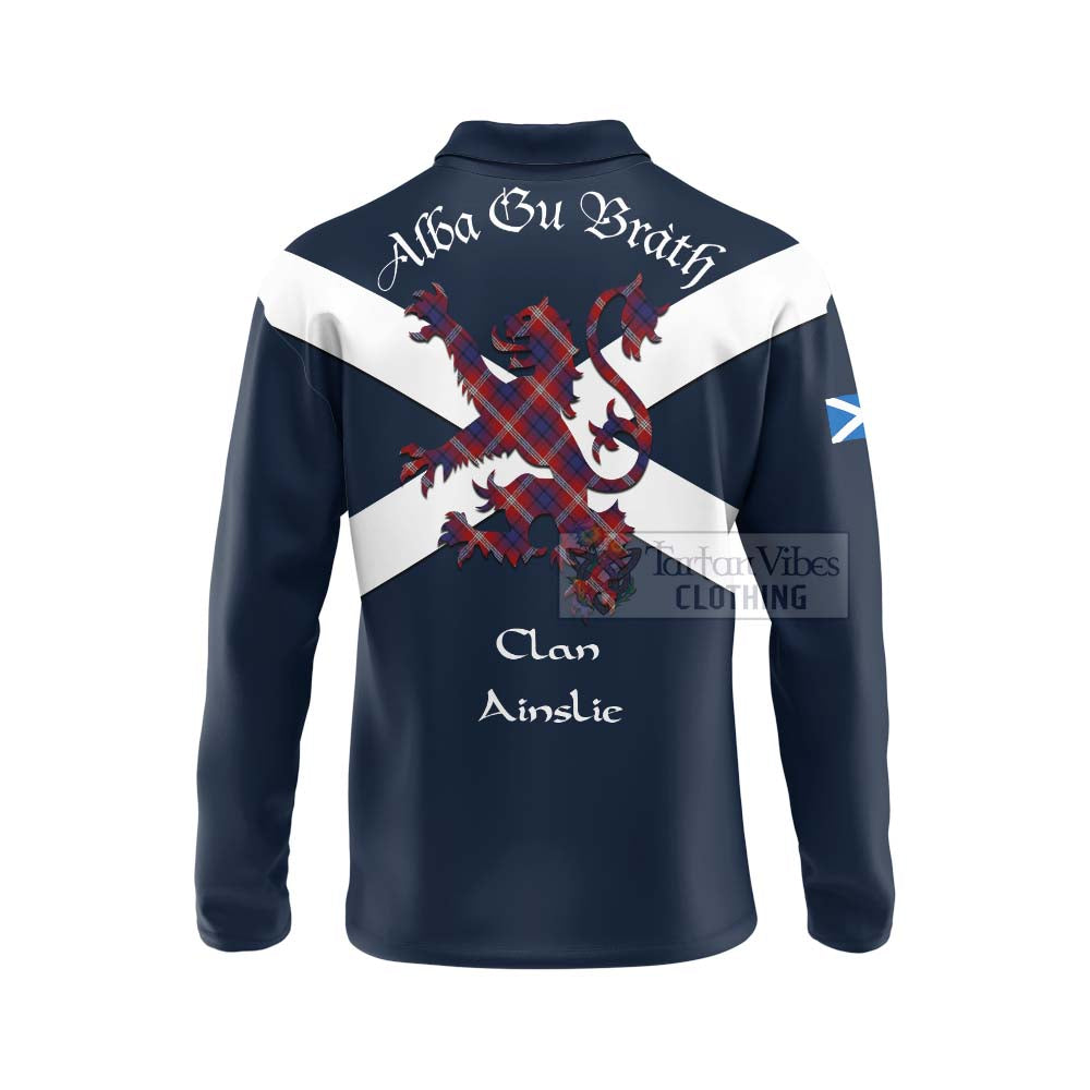 Tartan Vibes Clothing Ainslie Tartan Lion Rampant Long Sleeve Polo Shirt – Proudly Display Your Heritage with Alba Gu Brath and Clan Name