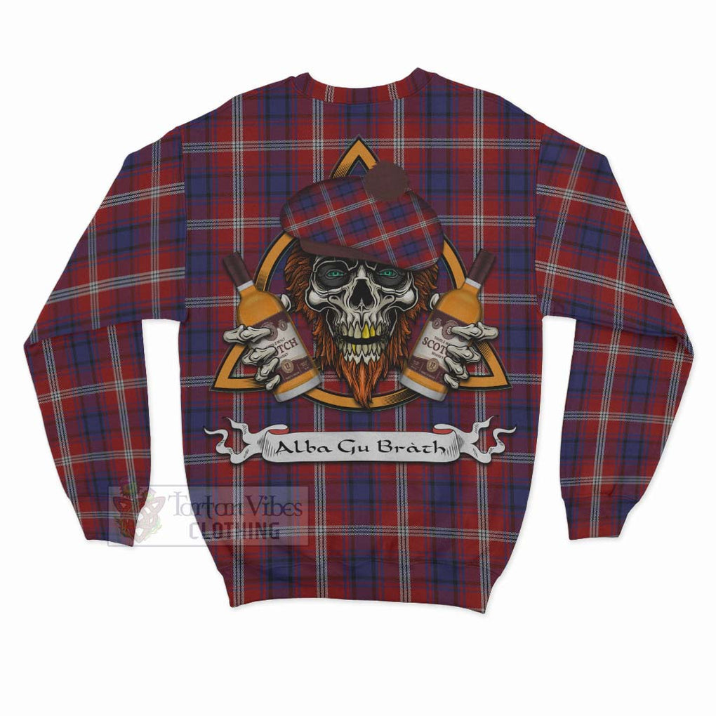 Tartan Vibes Clothing Ainslie Tartan Sweatshirt with Family Crest and Bearded Skull Holding Bottles of Whiskey