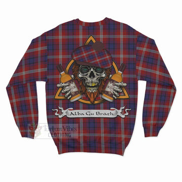 Ainslie Tartan Sweatshirt with Family Crest and Bearded Skull Holding Bottles of Whiskey