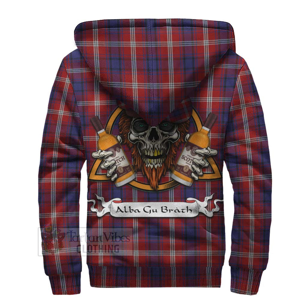 Tartan Vibes Clothing Ainslie Tartan Sherpa Hoodie with Family Crest and Bearded Skull Holding Bottles of Whiskey