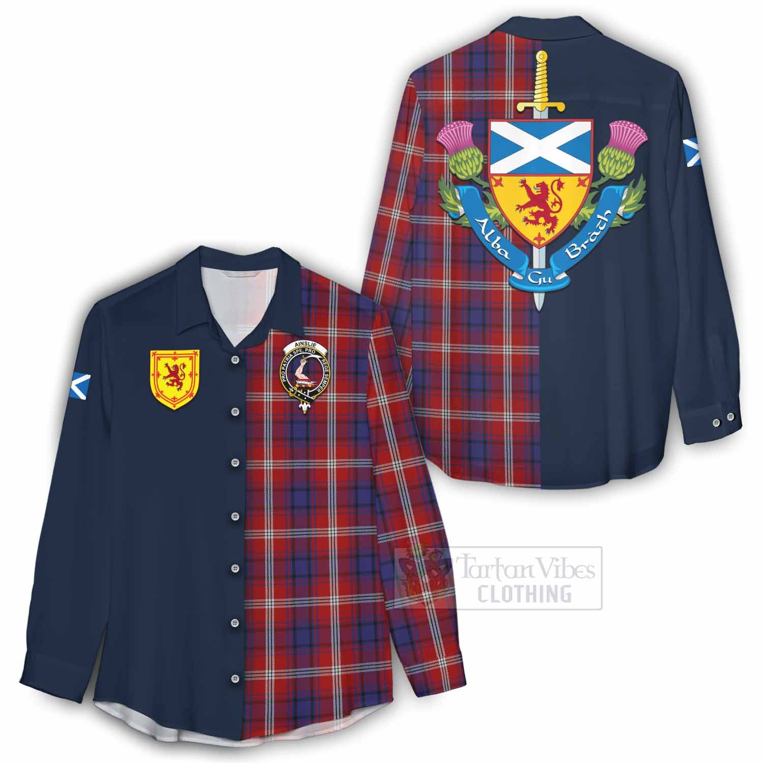 Tartan Vibes Clothing Ainslie Tartan Women's Casual Shirt Alba with Scottish Lion Royal Arm Half Style