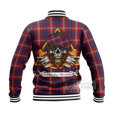 Ainslie Tartan Baseball Jacket with Family Crest and Bearded Skull Holding Bottles of Whiskey