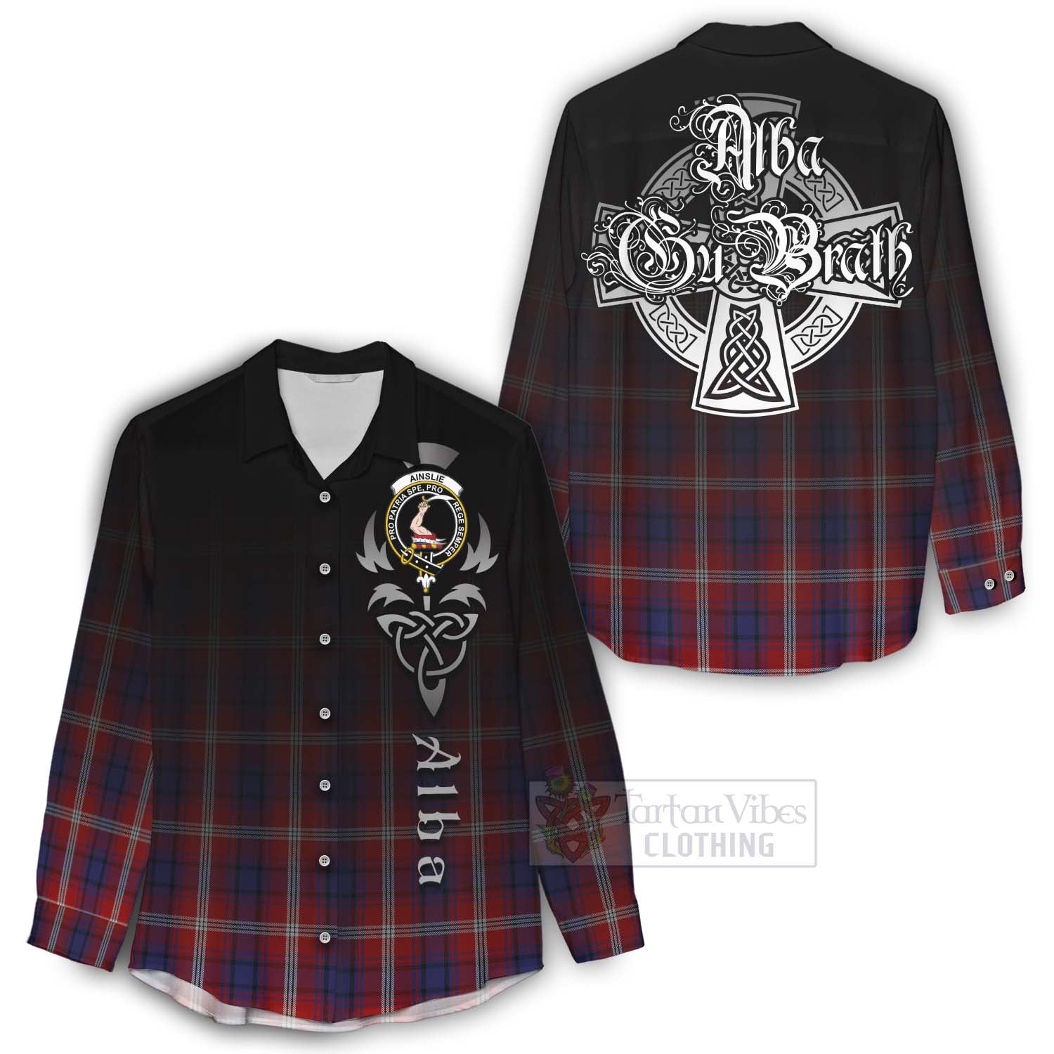 Tartan Vibes Clothing Ainslie Tartan Women's Casual Shirt Featuring Alba Gu Brath Family Crest Celtic Inspired