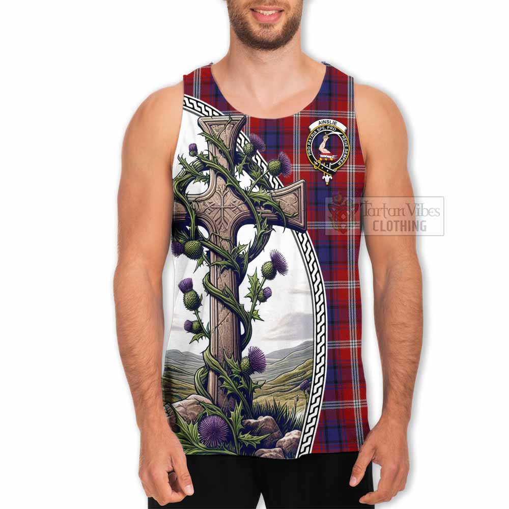 Tartan Vibes Clothing Ainslie Tartan Men's Tank Top with Family Crest and St. Andrew's Cross Accented by Thistle Vines