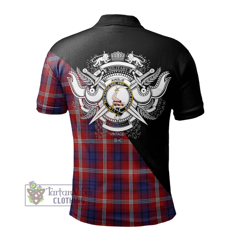 Ainslie Tartan Polo Shirt with Family Crest and Military Logo Style - Tartanvibesclothing Shop