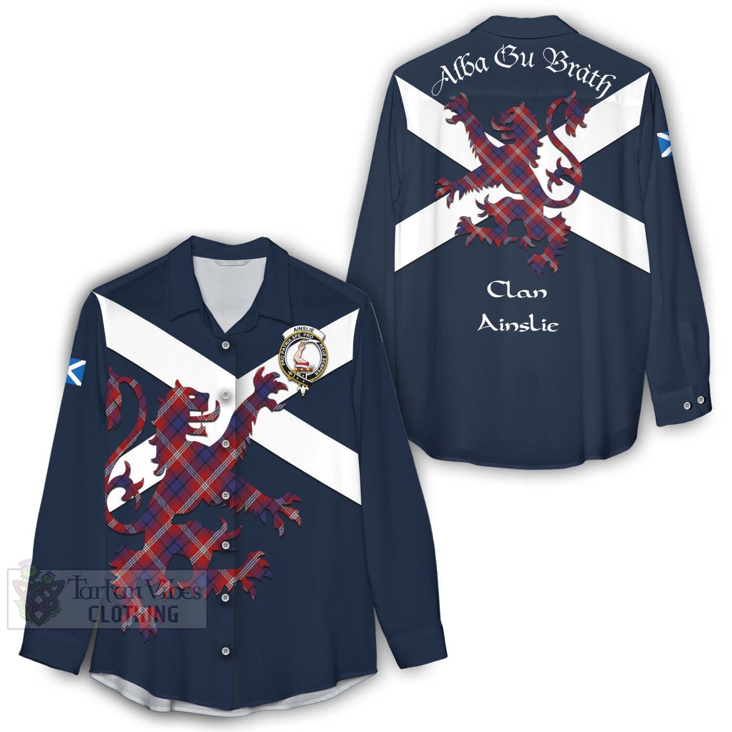 Tartan Vibes Clothing Ainslie Tartan Lion Rampant Women's Casual Shirt Proudly Display Your Heritage with Alba Gu Brath and Clan Name