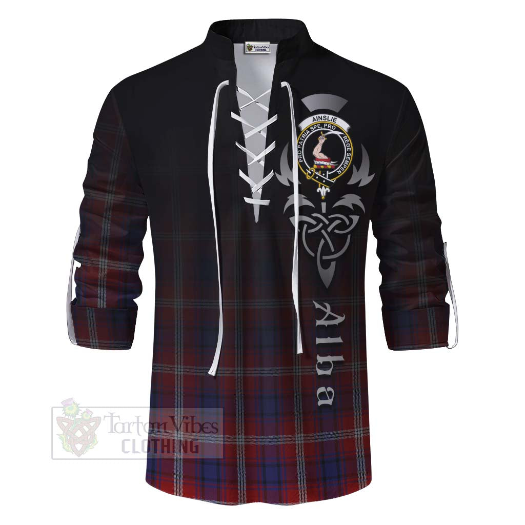 Tartan Vibes Clothing Ainslie Tartan Ghillie Kilt Shirt Featuring Alba Gu Brath Family Crest Celtic Inspired