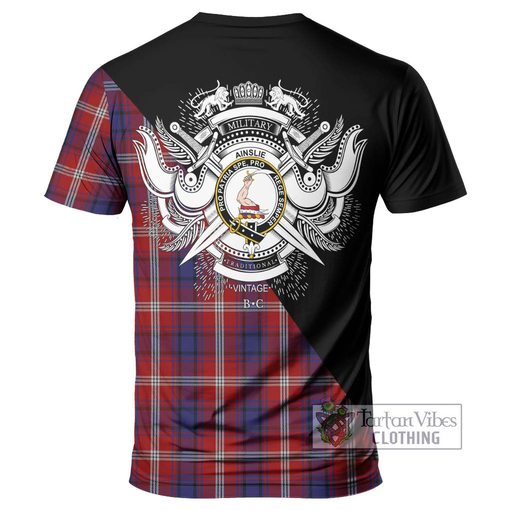 Ainslie Tartan T-Shirt with Family Crest and Military Logo Style - Tartanvibesclothing Shop