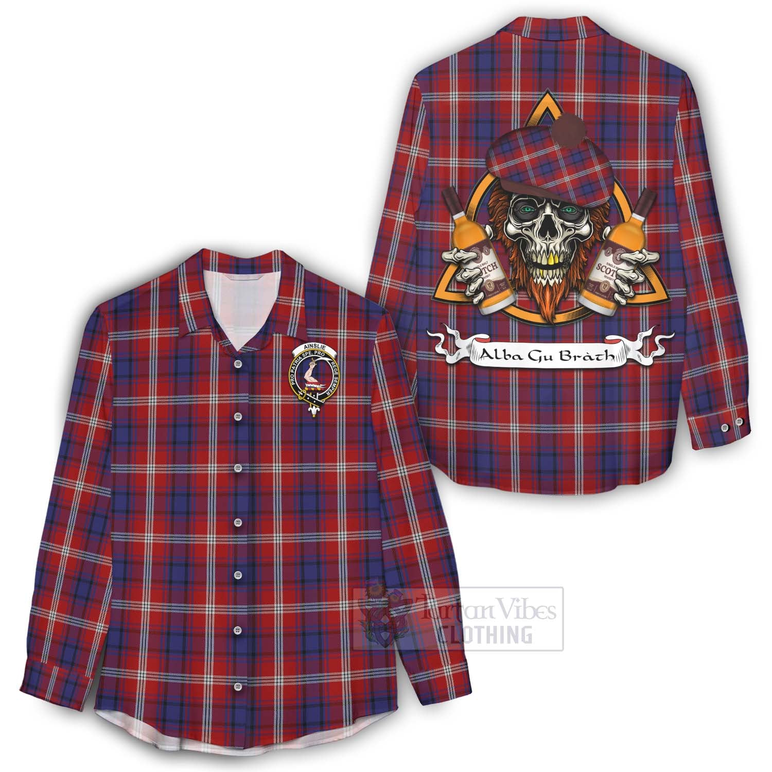 Tartan Vibes Clothing Ainslie Tartan Women's Casual Shirt with Family Crest and Bearded Skull Holding Bottles of Whiskey