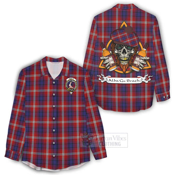 Ainslie Tartan Women's Casual Shirt with Family Crest and Bearded Skull Holding Bottles of Whiskey