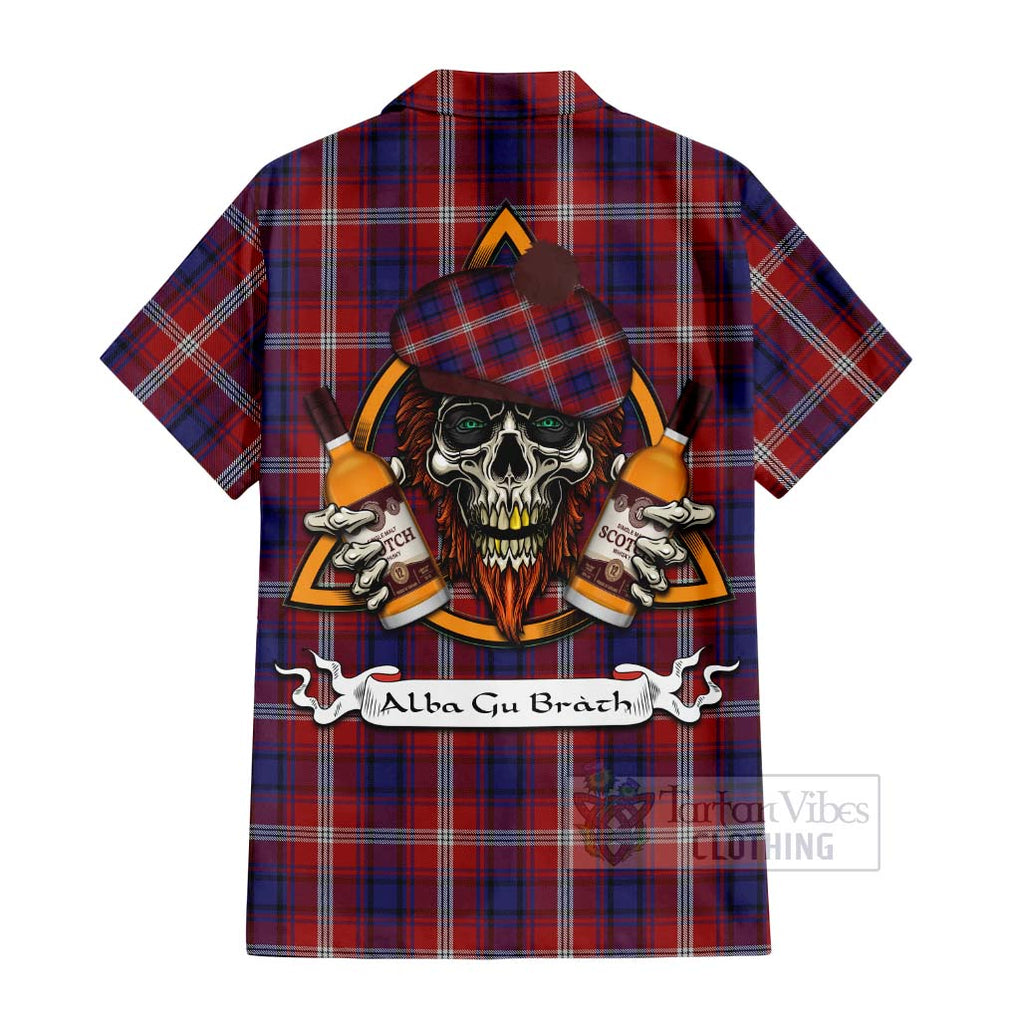 Tartan Vibes Clothing Ainslie Tartan Short Sleeve Button Shirt with Family Crest and Bearded Skull Holding Bottles of Whiskey