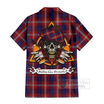 Ainslie Tartan Short Sleeve Button Shirt with Family Crest and Bearded Skull Holding Bottles of Whiskey