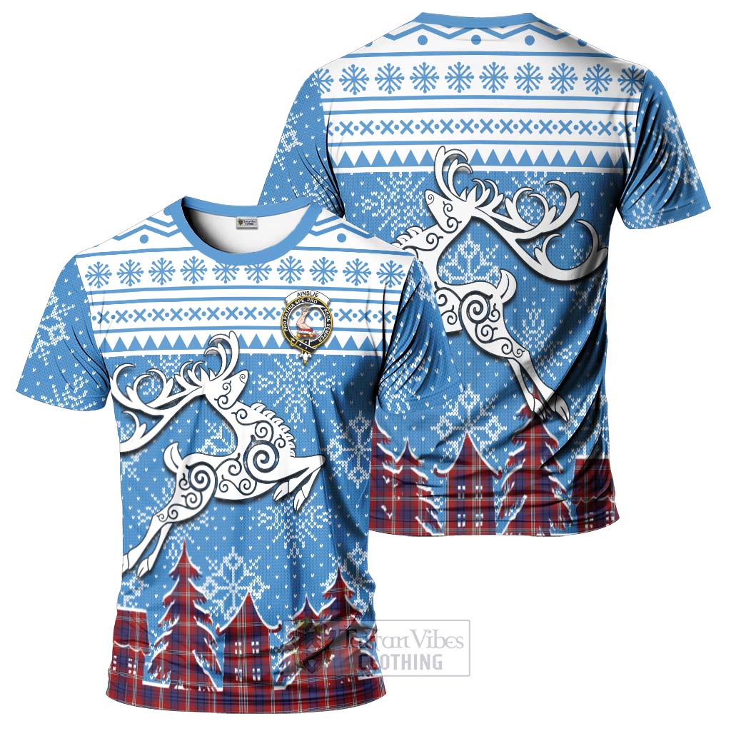 Tartan Vibes Clothing Ainslie Clan Christmas T-Shirt Celtic Reindeer Style