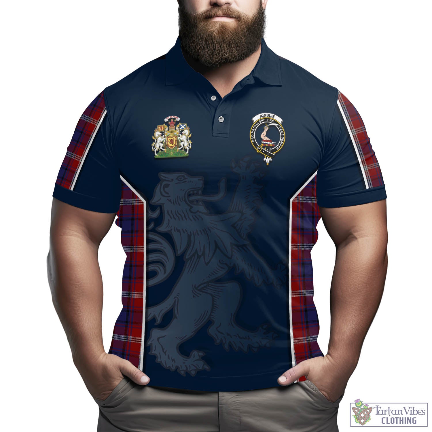 Tartan Vibes Clothing Ainslie Tartan Men's Polo Shirt with Family Crest and Lion Rampant Vibes Sport Style