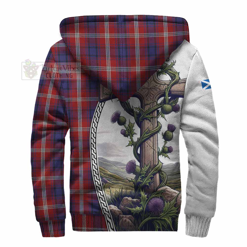 Tartan Vibes Clothing Ainslie Tartan Sherpa Hoodie with Family Crest and St. Andrew's Cross Accented by Thistle Vines