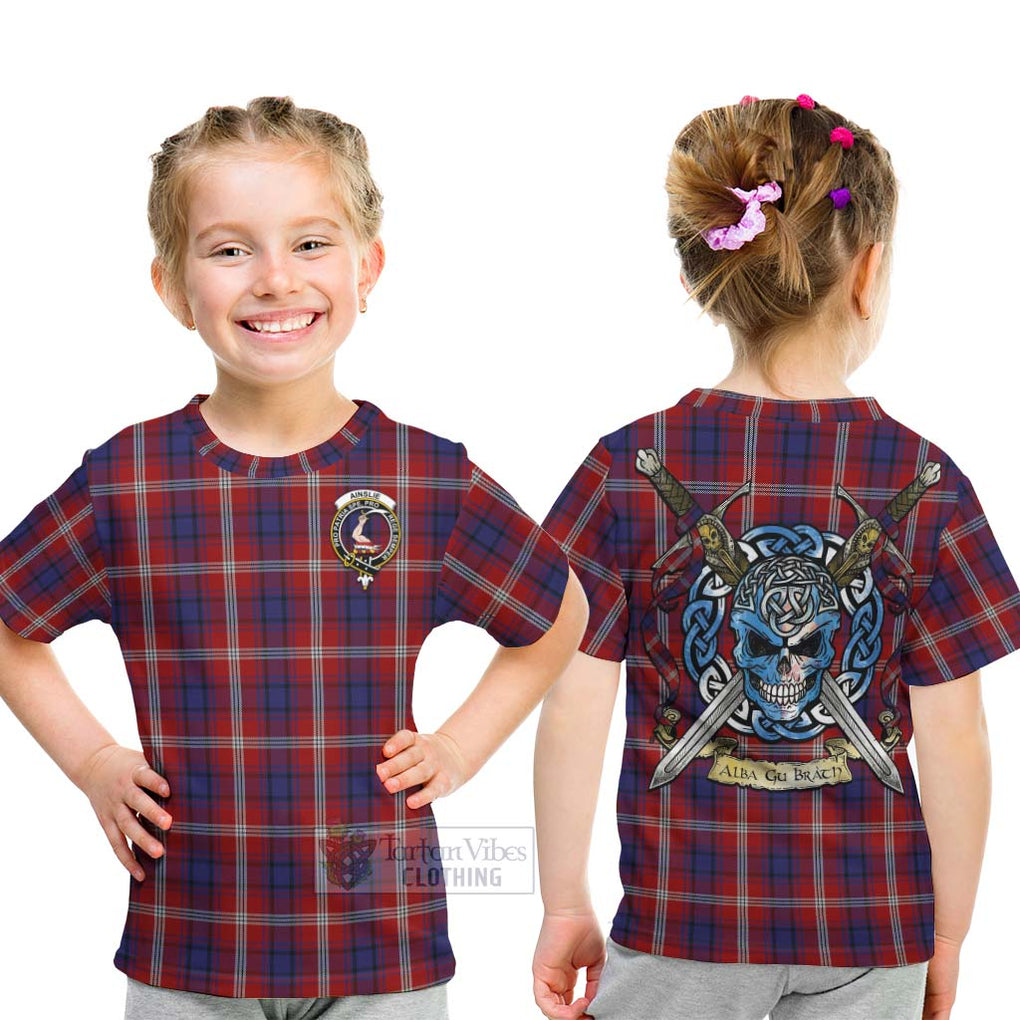 Tartan Vibes Clothing Ainslie Tartan Kid T-Shirt with Family Crest Celtic Skull Style