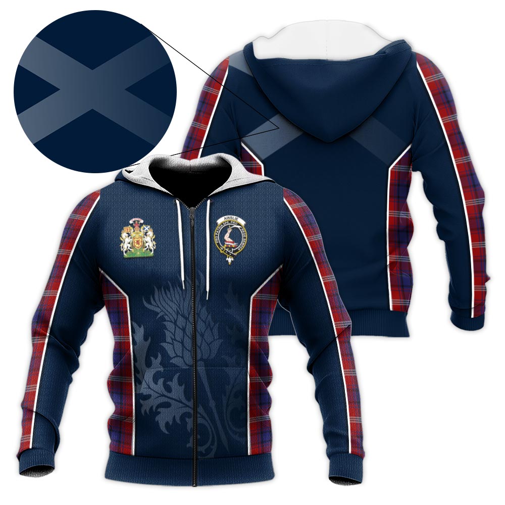 Tartan Vibes Clothing Ainslie Tartan Knitted Hoodie with Family Crest and Scottish Thistle Vibes Sport Style