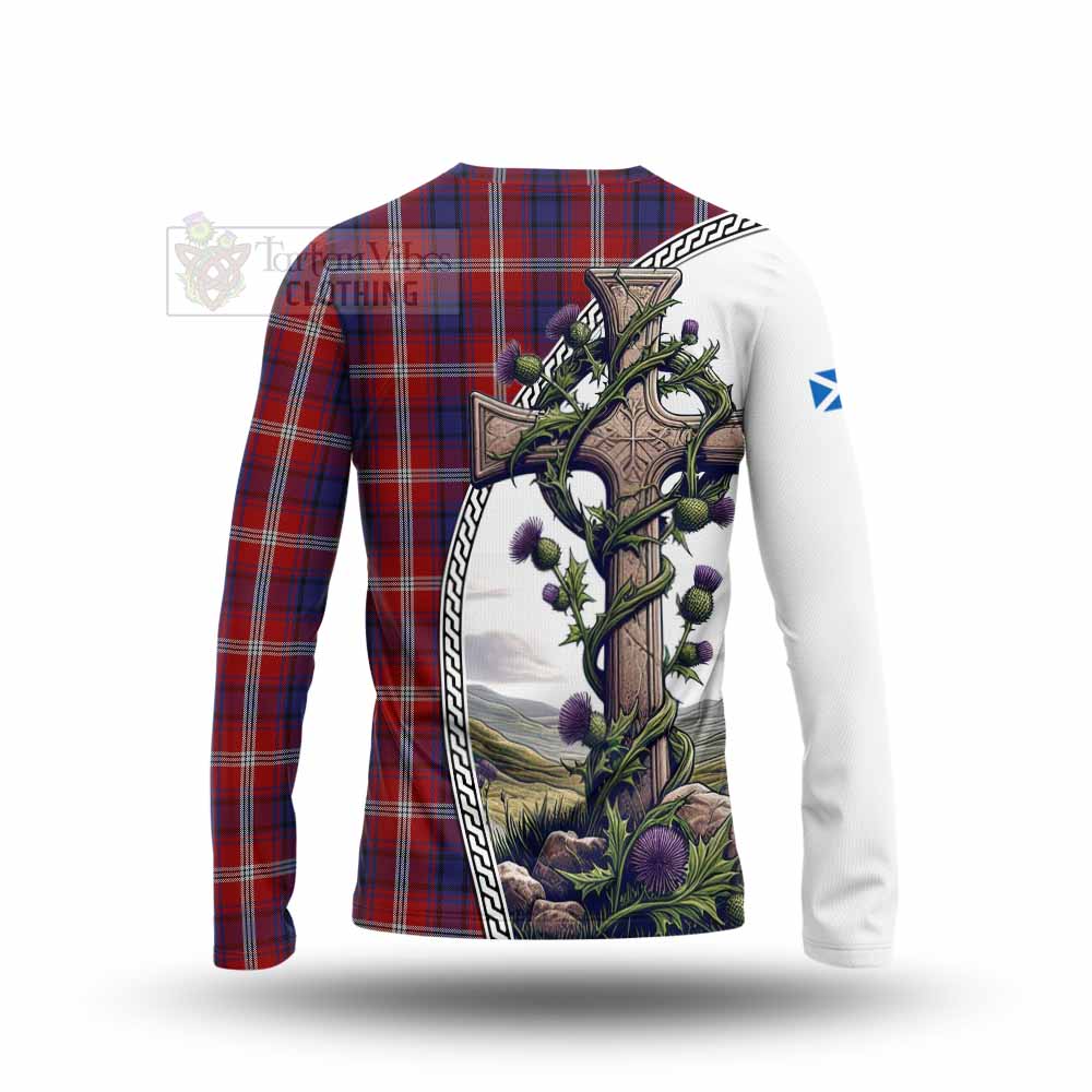 Tartan Vibes Clothing Ainslie Tartan Long Sleeve T-Shirt with Family Crest and St. Andrew's Cross Accented by Thistle Vines